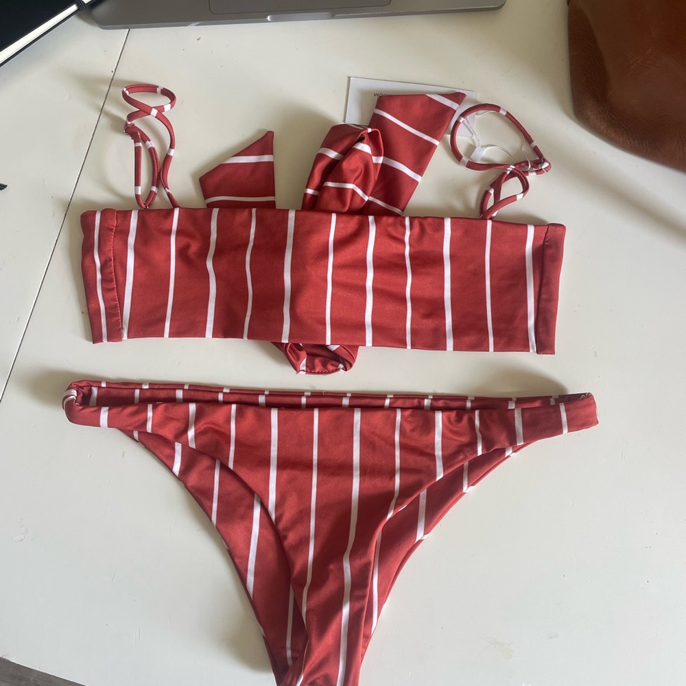 Red and White Striped Bikini Set - Size M